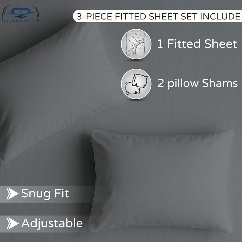 FOAM CRAFT 3 Piece Fitted Sheet Set - Queen Size Fitted Bed Sheet & 2 Pillow Shams, 100% Cotton, 300TC, Grey - Image 5