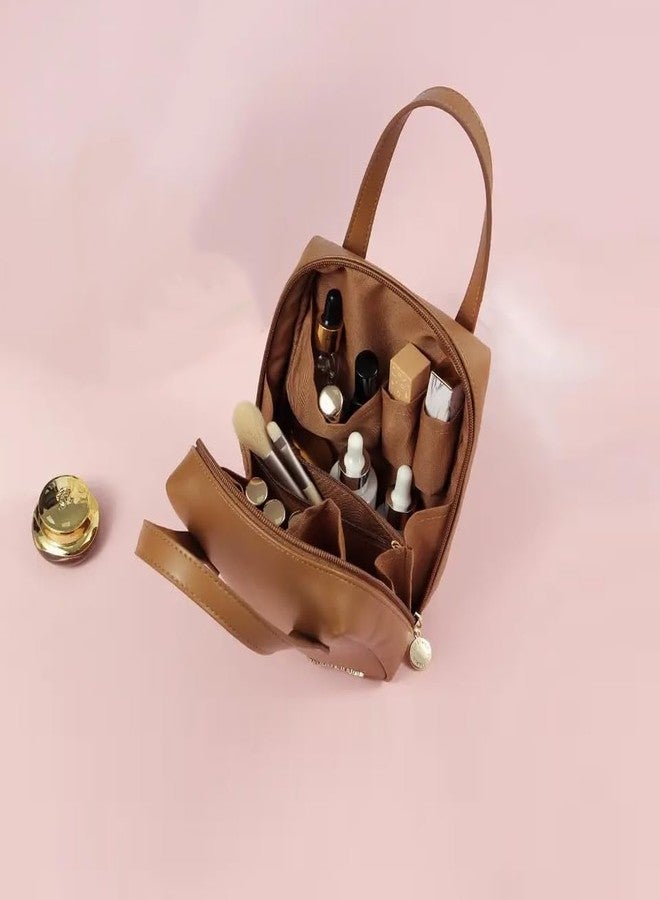 Luxula Multi Functional Small Portable Handheld Cosmetic Bag for Women with Compartments Travel Makeup Bag Cosmetic Bag Portable Carry for Women and Men (1PCS) (Brown) - Image 4