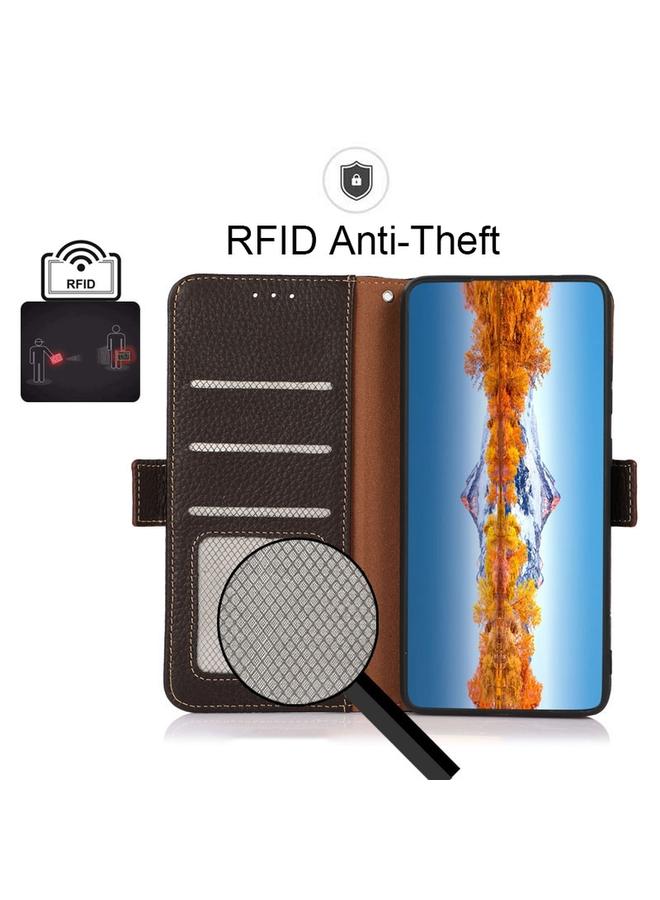 S-TOP Case For Motorola Edge 2021 KHAZNEH Side-Magnetic Litchi Genuine Leather RFID Case - Image 4