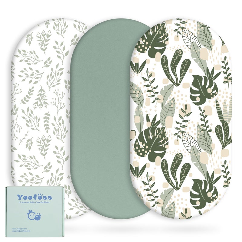Yoofoss Bassinet Sheets for Baby,3-Pack Fitted Bassinet Sheets Set Compatible with Halo Bassinest Swivel Sleeper,Baby Delight,Angelbliss,Soft Breathable Bassinet Mattress Sheets(Green+Leaf) - Image 1
