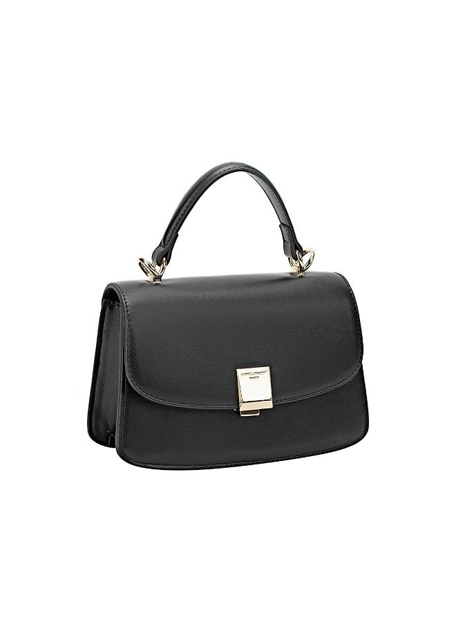 David Jones David Jones top handle bag with a flap closure for Women, faux Leather Crossover Fashion Handbag Purse Color Black  - Image 1