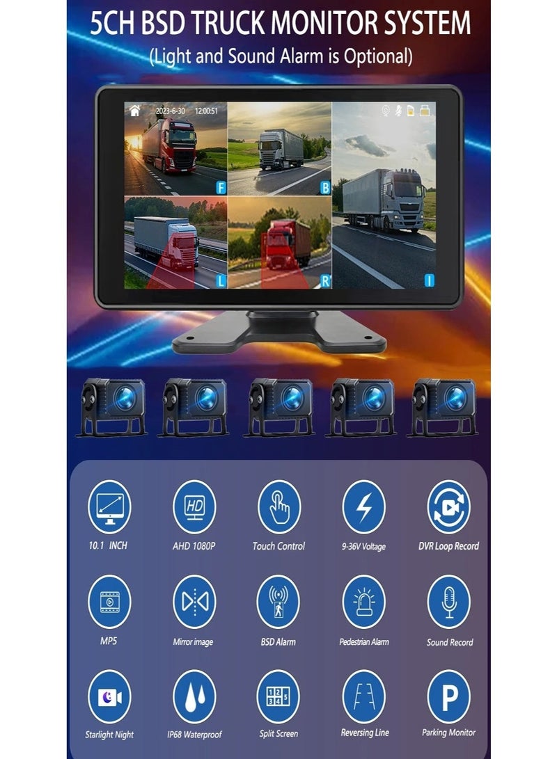 10.1 inch 5 channel 1080P Dash Camera with BSD Sound & Light Alarm for Trucks Bus Dashcam - Image 2