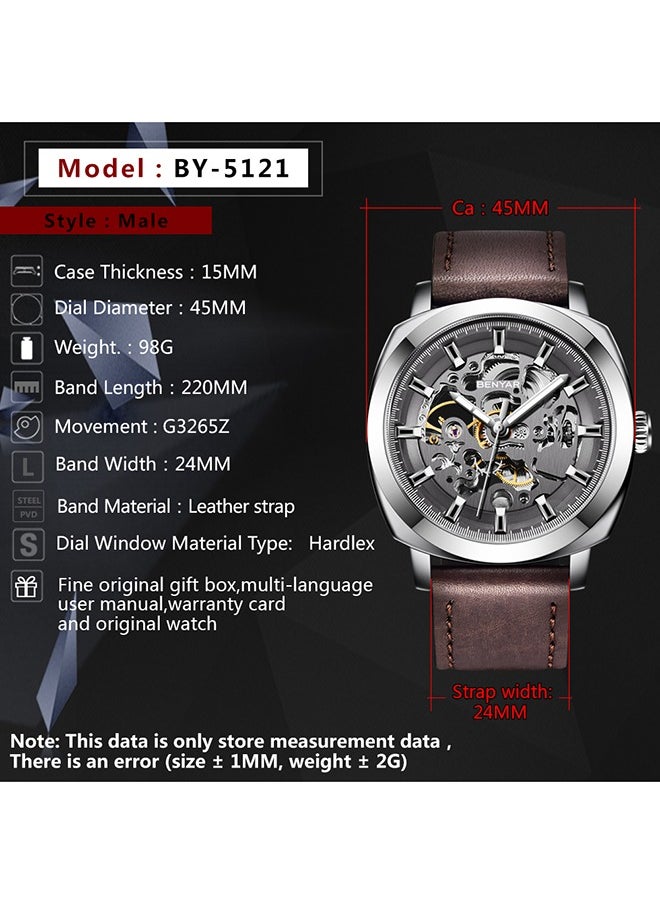 BENYAR - Automatic Mechanical Watches For Men Skeleton Coffee Leather Watch Waterproof Business Men's Wrist Watches - Image 1