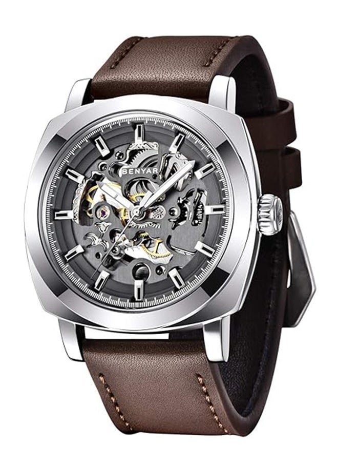 BENYAR - Automatic Mechanical Watches For Men Skeleton Coffee Leather Watch Waterproof Business Men's Wrist Watches - Image 1
