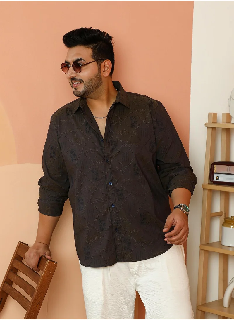 انستافاب بلس Instafab Plus Men's Coffee Brown Indie-Folk Print Shirt For Casual Wear | Spread Collar | Long Cuffed Sleeves | Button Closure | Plus Size Shirt Crafted With Comfort Fit For Everyday Wear