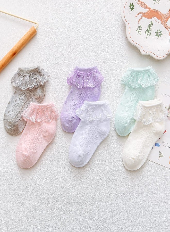 hakugoo Baby Girl Lace Socks Eyelet Ruffle Socks 6 Pairs Pack Princess Dress Socks Infant Toddler, White Ivory Pink Purple Green Grey,6-12 Months - Image 4