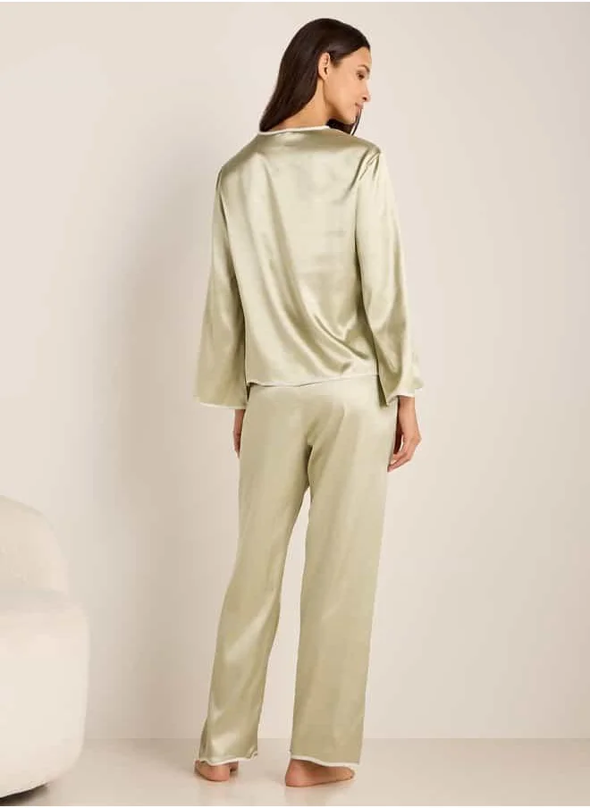 FAV Contrast Piping Satin Pyjama Set with Eye Mask
