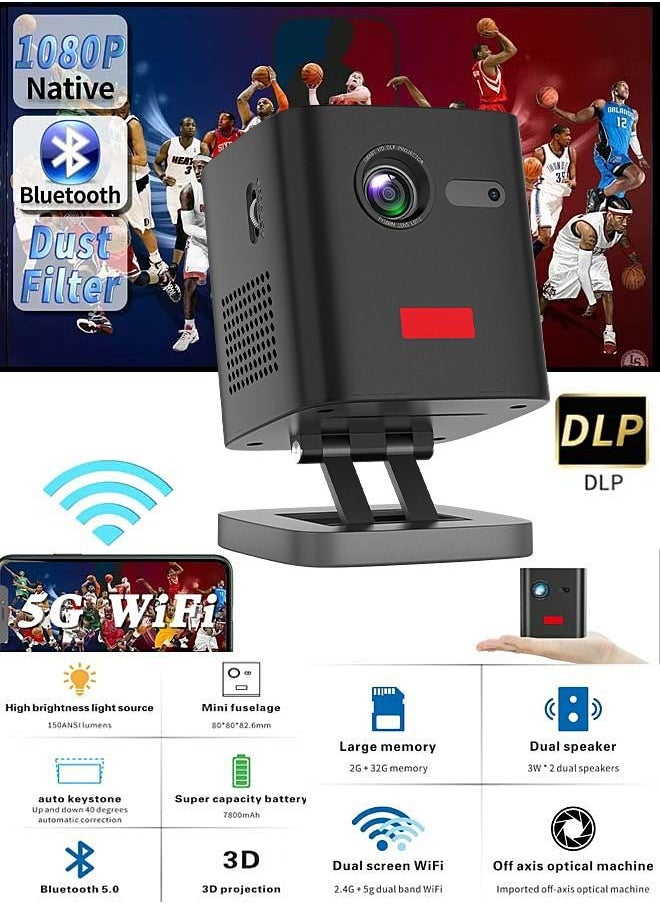 جهاز عرض DLP Mini Wireless 5G WiFi BT5.0 محمول بنظام Android مع حامل قابل لإعادة الشحن - يدعم منفذ شحن 4K من النوع C - متوافق مع iPhone/Sumsung/HUAWEI/PS4/HDMI/USB/TV BOX/PS5/Laptop/وحدة تحكم الألعاب 