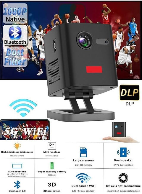 DLP Mini Wireless 5G WiFi BT5.0 Portable Android Projector with Stand Rechargeable-Support 4K Type-C Charging Port - Compatible with iPhone/Sumsung/HUAWEI/PS4/HDMI/USB/TV BOX/PS5/Laptop/Game Console