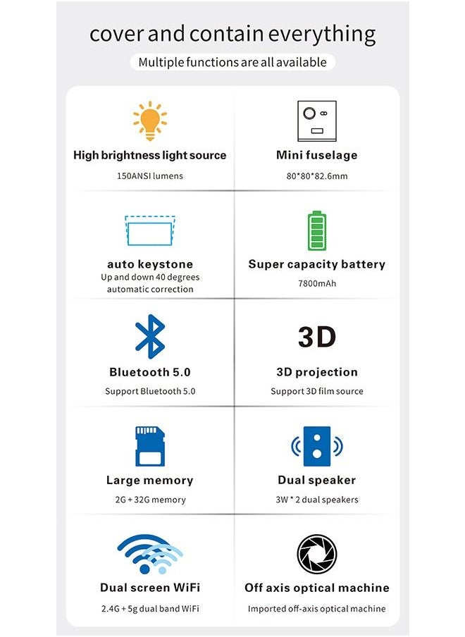 DLP Mini Wireless 5G WiFi BT5.0 Portable Android Projector with Stand Rechargeable-Support 4K Type-C Charging Port - Compatible with iPhone/Sumsung/HUAWEI/PS4/HDMI/USB/TV BOX/PS5/Laptop/Game Console