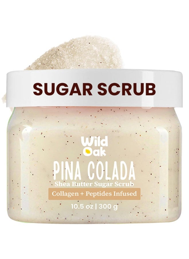 WILD OAK WildOak Pina Colada Sugar Body Scrub | 300g | Kojic Acid, Hyaluronic Acid, Ceramides, Collagen & Peptides | De-Tan & Brightens Dark Areas | Smooths Strawberry Legs & Arms | Hydrates & Exfoliates - Image 1