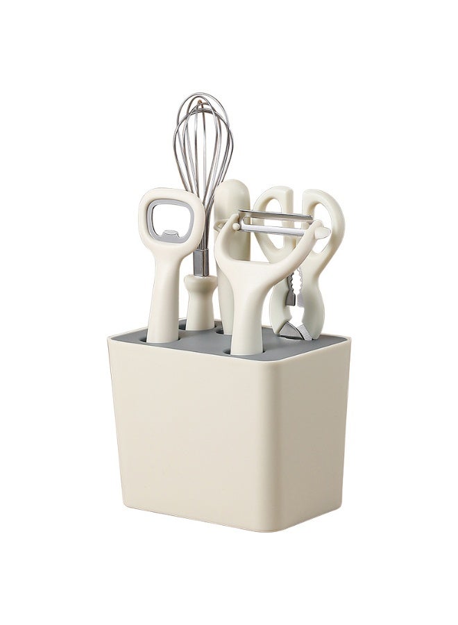 هومستر طقم 6 قطع من أدوات المطبخ مع حامل - مجموعة أدوات الطهي (ملعقة، مغرفة، مضرب، ملقط، مقشرة، فرشاة) للطهي المنزلي - Image 1