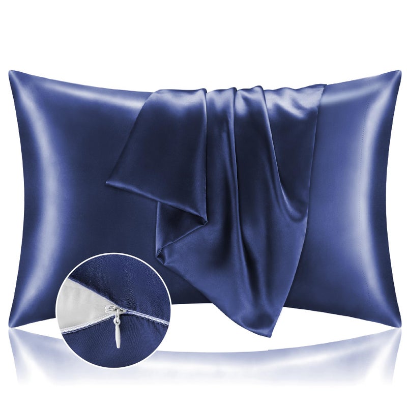 BEDELITE Satin Pillowcase with Zipper Navy Pillow Cases Queen Size Set of 2 Super Soft and Cooling Similar to Silk Pillow Cases Gift for Women Men20x30 Inches