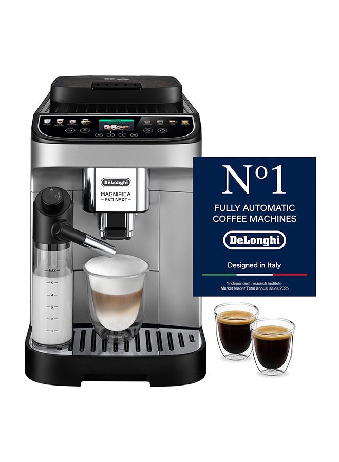 ديلونجي Coffee Machine Magnifica Evo Next Fully Automatic Espresso Machine with 20 + Hot & Iced Beverages Colour Touch Display 13 Grinder Settings Latte Crema Twin Shot (Made in Europe) 1.8 L 1450 W ECAM310.80.SB Silver/Black - Image 1
