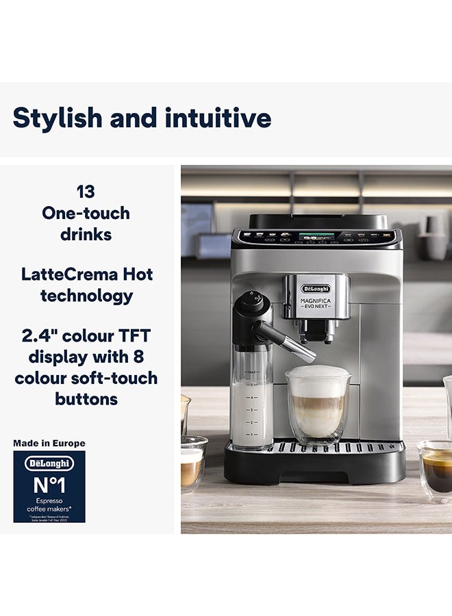 ديلونجي Coffee Machine Magnifica Evo Next Fully Automatic Espresso Machine with 20 + Hot & Iced Beverages Colour Touch Display 13 Grinder Settings Latte Crema Twin Shot (Made in Europe) 1.8 L 1450 W ECAM310.80.SB Silver/Black - Image 2