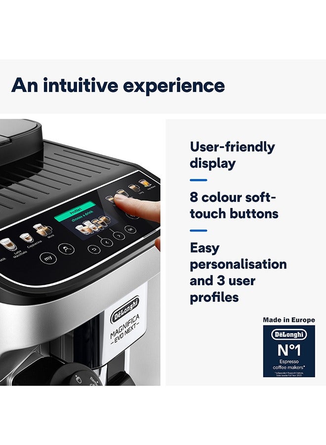 ديلونجي Coffee Machine Magnifica Evo Next Fully Automatic Espresso Machine with 20 + Hot & Iced Beverages Colour Touch Display 13 Grinder Settings Latte Crema Twin Shot (Made in Europe) 1.8 L 1450 W ECAM310.80.SB Silver/Black - Image 5