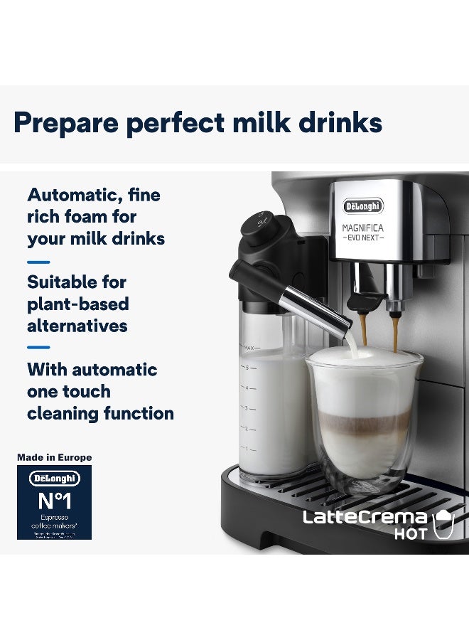 ديلونجي Coffee Machine Magnifica Evo Next Fully Automatic Espresso Machine with 20 + Hot & Iced Beverages Colour Touch Display 13 Grinder Settings Latte Crema Twin Shot (Made in Europe) 1.8 L 1450 W ECAM310.80.SB Silver/Black - Image 4