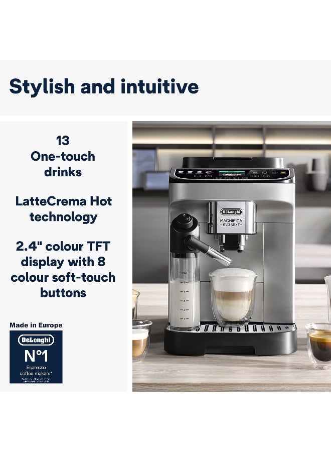 ديلونجي Coffee Machine Magnifica Evo Next Fully Automatic Espresso Machine with 20 + Hot & Iced Beverages Colour Touch Display 13 Grinder Settings Latte Crema Twin Shot (Made in Europe) 1.8 L 1450 W ECAM310.80.SB Silver/Black - Image 2