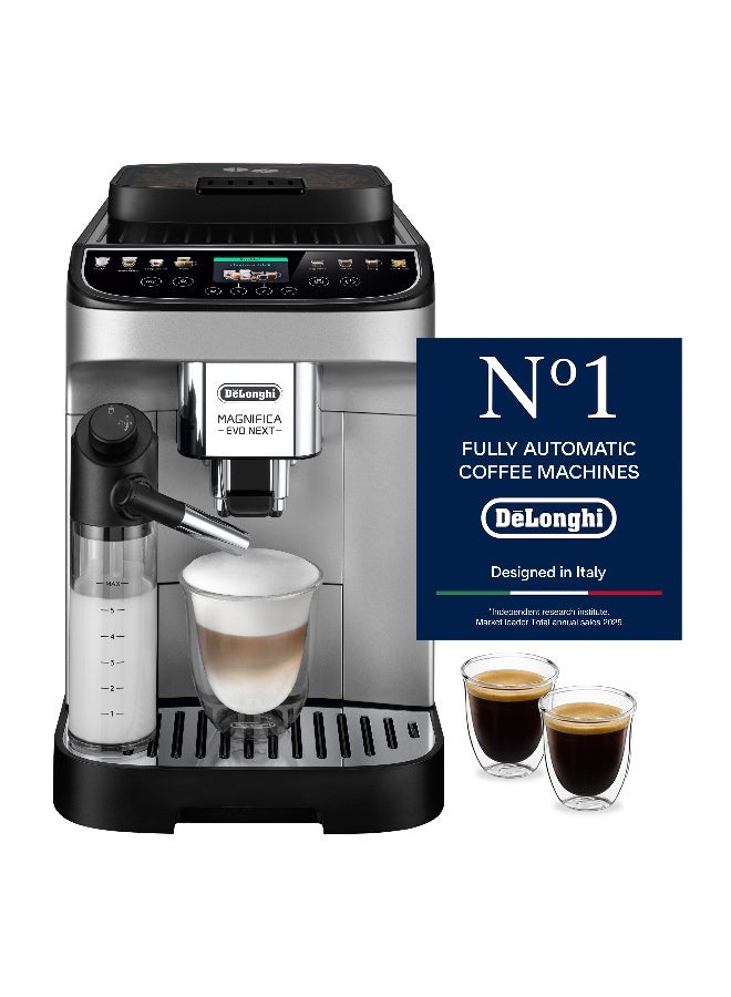 ديلونجي Coffee Machine Magnifica Evo Next Fully Automatic Espresso Machine with 20 + Hot & Iced Beverages Colour Touch Display 13 Grinder Settings Latte Crema Twin Shot (Made in Europe) 1.8 L 1450 W ECAM310.80.SB Silver/Black - Image 1