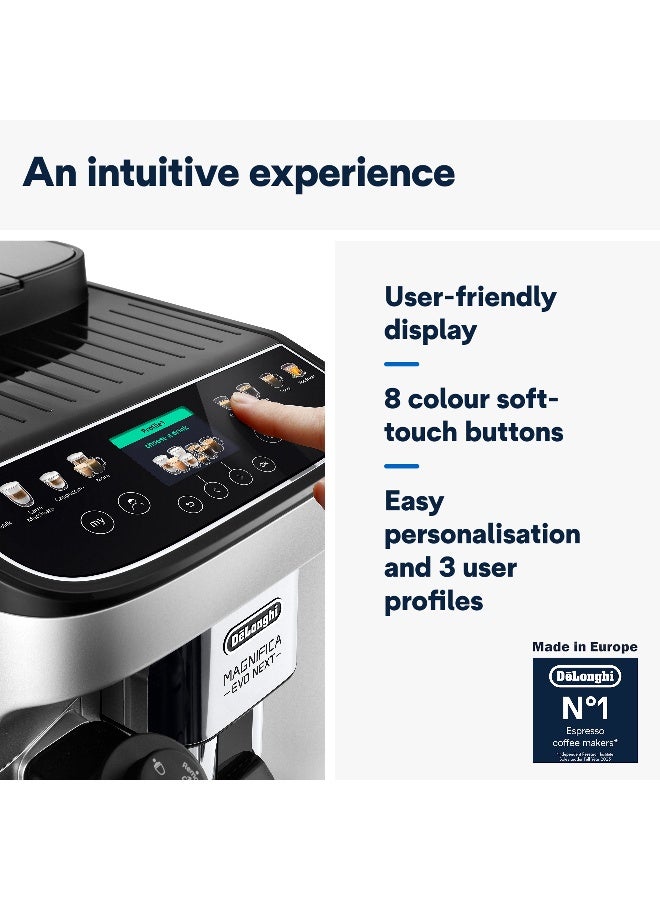 ديلونجي Coffee Machine Magnifica Evo Next Fully Automatic Espresso Machine with 20 + Hot & Iced Beverages Colour Touch Display 13 Grinder Settings Latte Crema Twin Shot (Made in Europe) 1.8 L 1450 W ECAM310.80.SB Silver/Black - Image 5