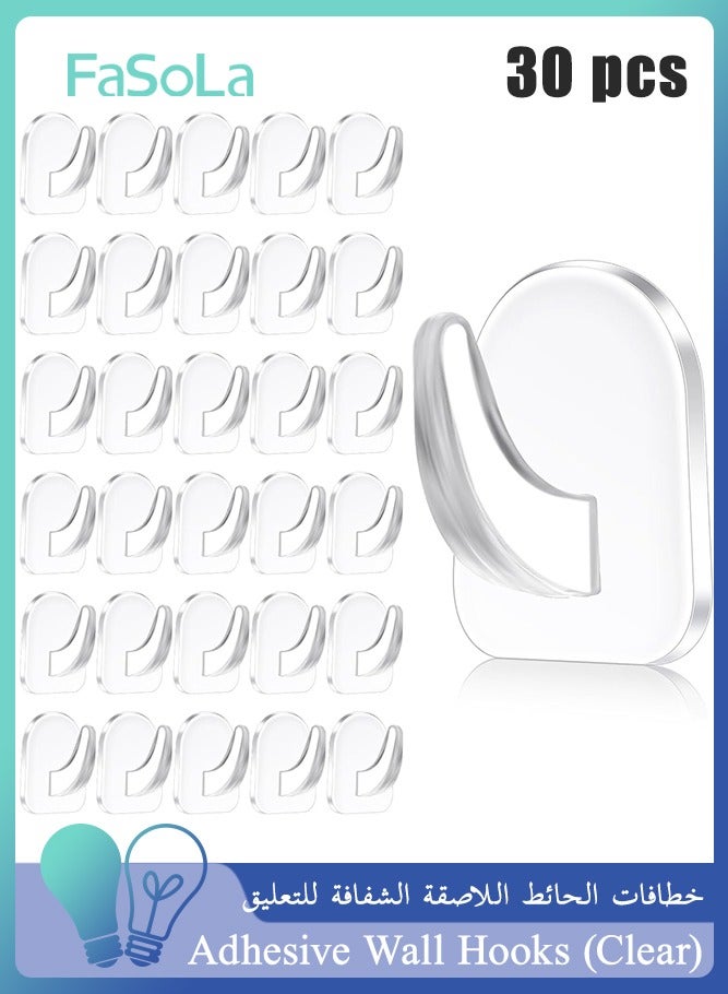 فاصولا 30 قطعة من خطافات الحائط اللاصقة الشفافة للتعليق، خطافات شفافة قابلة لاعادة الاستخدام بدون خياطة من الاكريليك مع ملصق لا يترك علامات للمطبخ والحمام وغرفة النوم والمكتب - Image 1