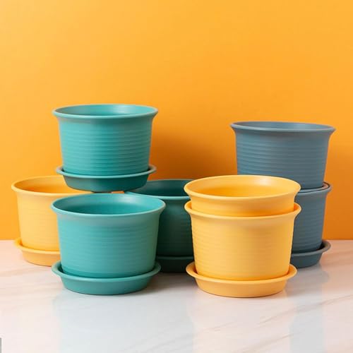 INKULTURE Plastic Round Flower Pots with Tray for Home Planters, Terrace, Garden Etc | Pack of 05 | Green | Size 8 Inch | for Home Indoor & Outdoor Gardening Plants - Image 3