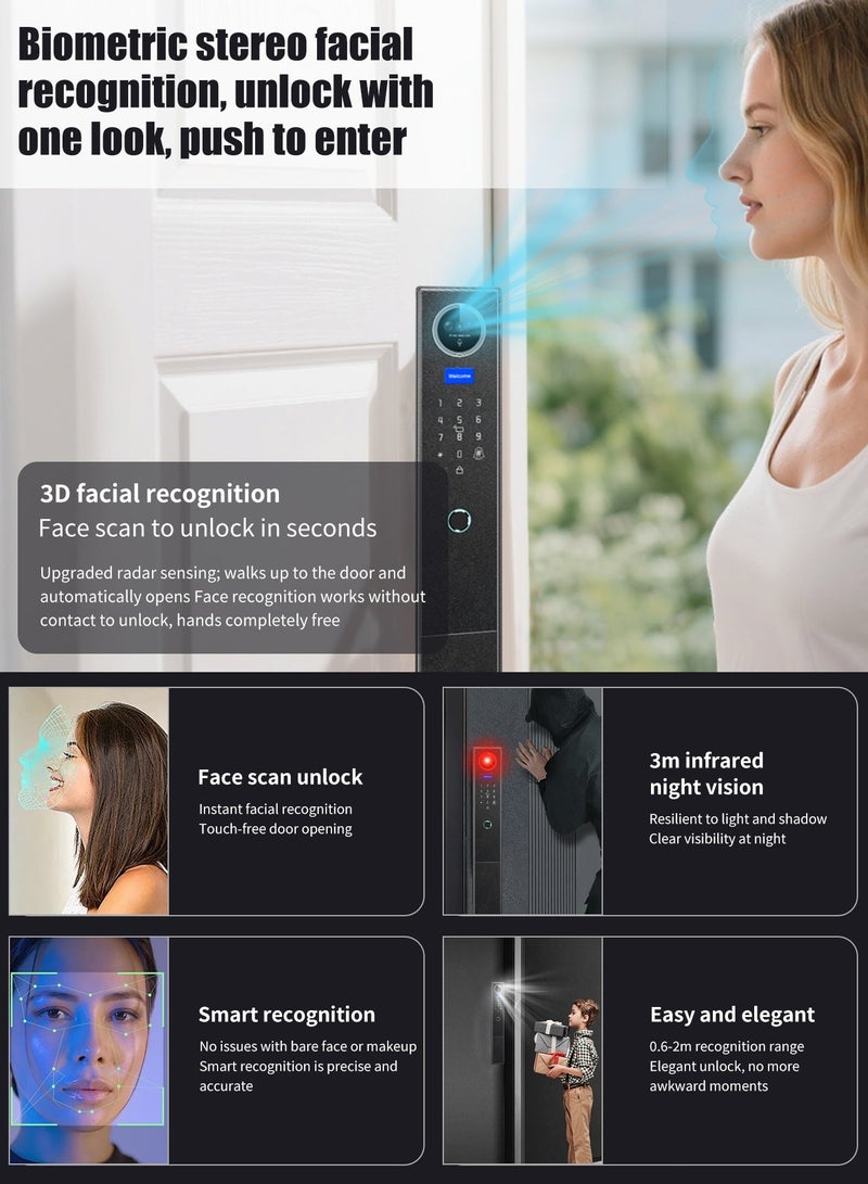Tichondrius Smart Door Lock – HD IPS Display, 10 Languages, Remote Unlock & Two-Way Talk, 7-Way Access (Face/Finger/PIN/Card/Key/App/Palm), Anti-Peep Password, Auto-Lock & Instant Alert, Type-C Backup Power - Image 2