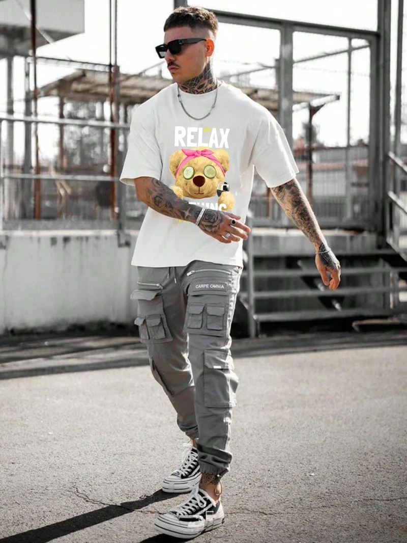 دوغ فش Men's Printed White Crew Neck Oversize Teddy Salas T-Shirt