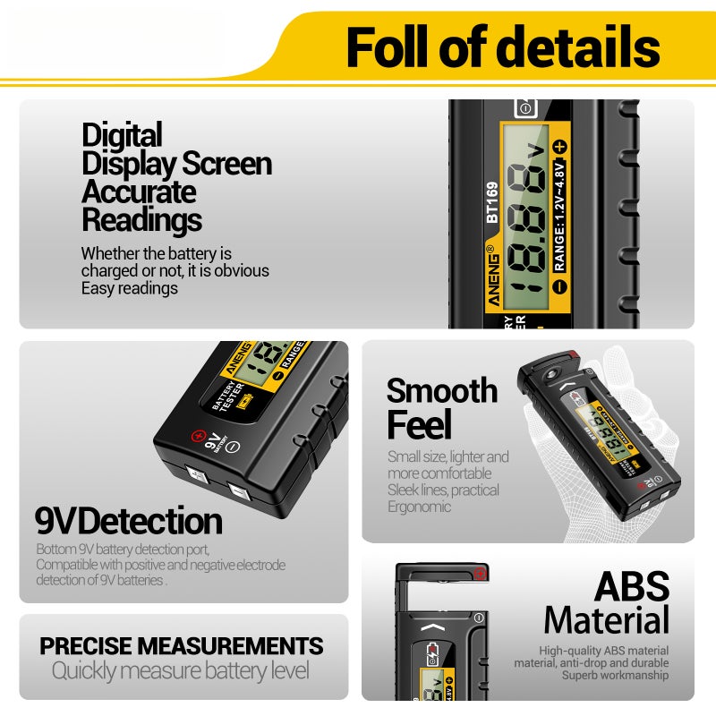 BT169 Universal Digital Battery Tester for 3.7V Lithium & 1.5V/9V Households, LCD Display Battery Power Analyzer for AA AAA C D 18650 21700 Button Cells, Compact Portable Diagnostic Tool - Image 4
