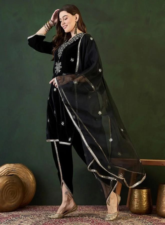 ISHIN Women'S Black Velvet Embroidered Tunic Full Length Palazzo Straight Fit Kurta Set