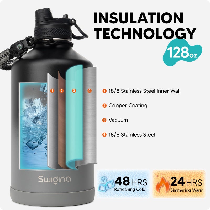 Swigina [2-IN-1 LID] Gallon Insulated Water Bottle with Silicone Boot (48hrs Cold/24hrs Hot) - DIY Stickers, Leakproof, BPA Free, 128 oz - Image 3