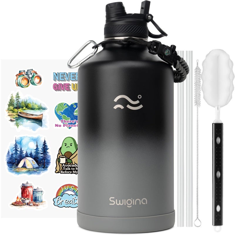 Swigina [2-IN-1 LID] Gallon Insulated Water Bottle with Silicone Boot (48hrs Cold/24hrs Hot) - DIY Stickers, Leakproof, BPA Free, 128 oz - Image 1