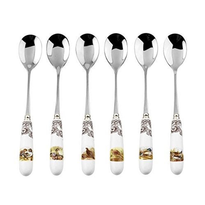 Spode Woodland Collection 6" Teaspoon Set Decorative Bird Motifs 6 Assorted Porcelain Handle & Steel Spoon Heads Holiday Flatware Tea Party Dessert Seasonal Table Accent Festive Entertaining - Image 1