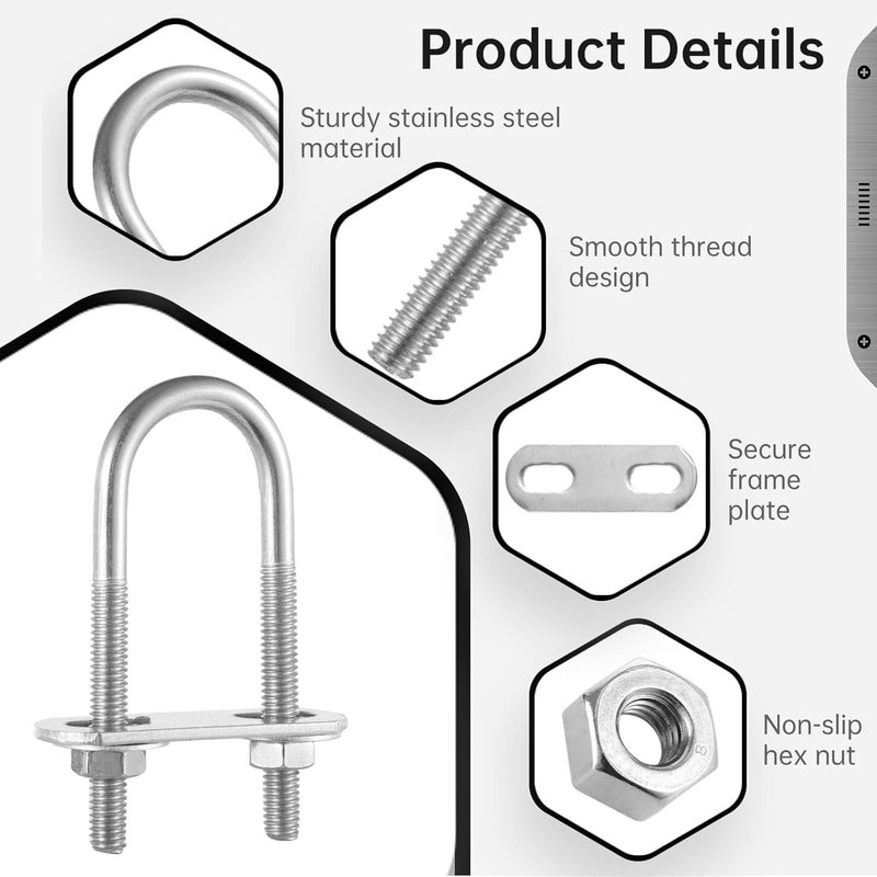 Generic 16 Pcs Stainless Steel U Bolts M6, Round U Clamp with Nuts, Washers, and Frame Plates for Pipes, 0.87 Inner Width, 70Mm Length - Image 4