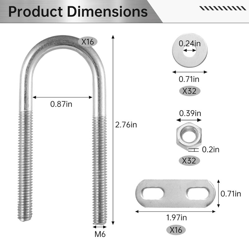 Generic 16 Pcs Stainless Steel U Bolts M6, Round U Clamp with Nuts, Washers, and Frame Plates for Pipes, 0.87 Inner Width, 70Mm Length - Image 5