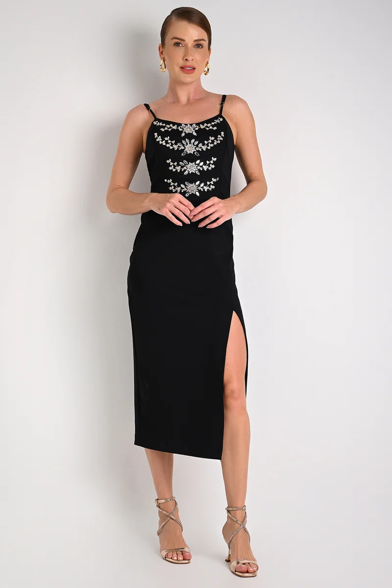 Luxury Midi Dress with Slit Black