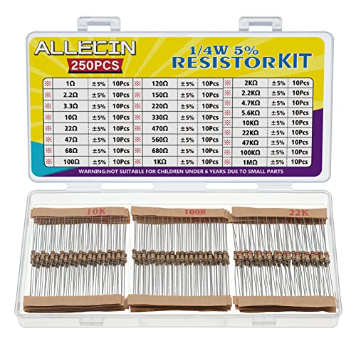 ALLECIN 25 Values 1/4W Resistor Kit from 1 Ohm to 1M Ohm 1/4 Watt 5% Carbon Film Resistors Assortment - Image 1