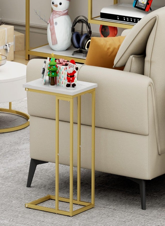 Function Home C Shaped End Table, Small Side Tables for Sofa Bed, Couch Tables That Slide Under, Drink Snack Table for Living Room Bedroom Small Space, White Wood Top and Gold Metal Frame - Image 4