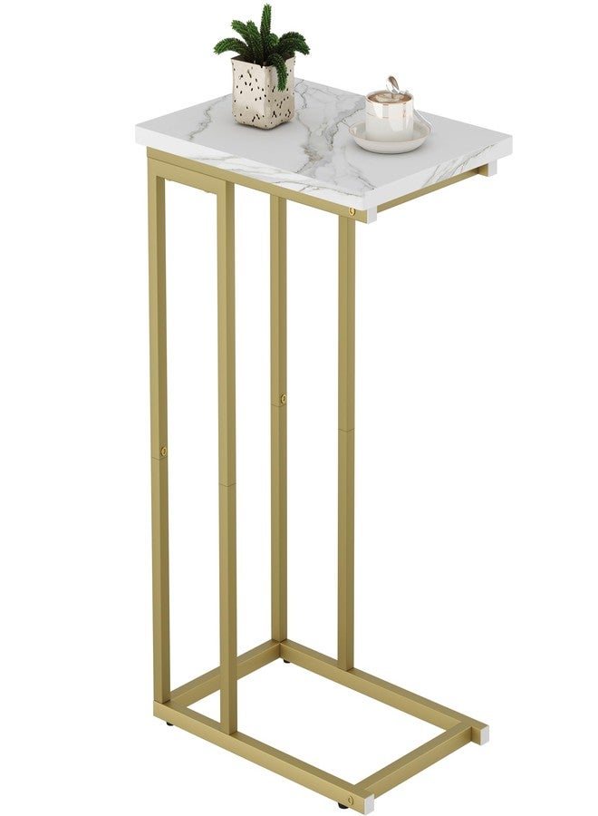 Function Home C Shaped End Table, Small Side Tables for Sofa Bed, Couch Tables That Slide Under, Drink Snack Table for Living Room Bedroom Small Space, White Wood Top and Gold Metal Frame - Image 1