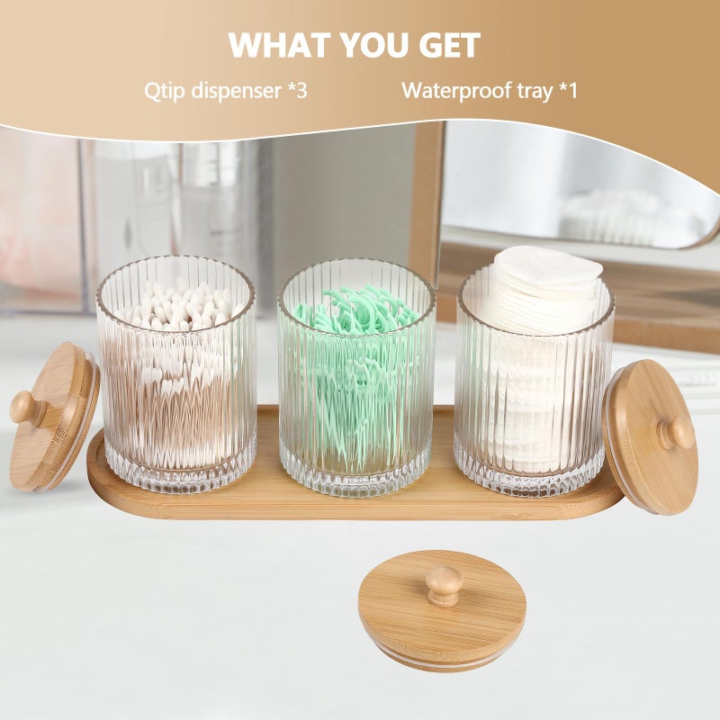 eggs sound 3 Pack Qtip Holder - Bathroom Organizers and Storage, Cotton Round Holder Floss Pick Cotton Ball Holder Swab Dispenser Set with Tray, Glass Apothecary Jars with Lids, -sw clear y - Image 2