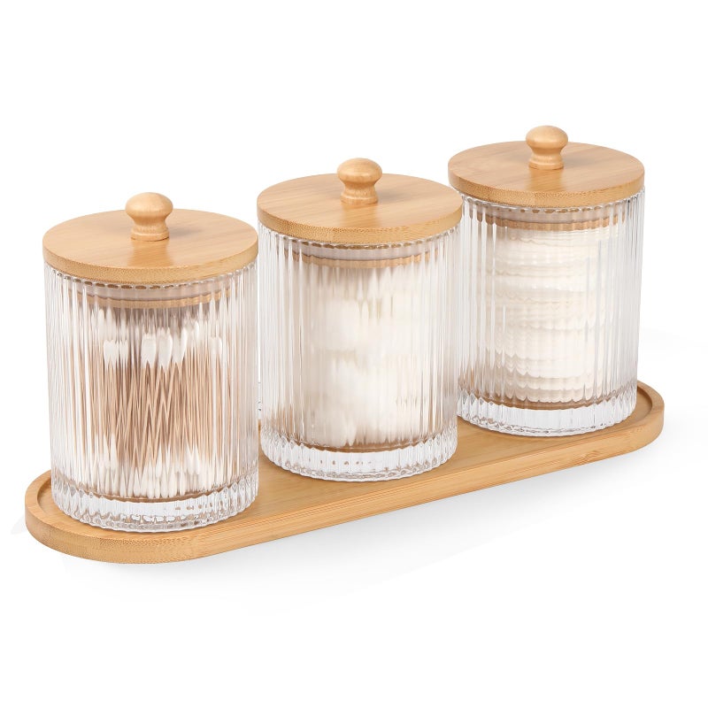eggs sound 3 Pack Qtip Holder - Bathroom Organizers and Storage, Cotton Round Holder Floss Pick Cotton Ball Holder Swab Dispenser Set with Tray, Glass Apothecary Jars with Lids, -sw clear y - Image 1