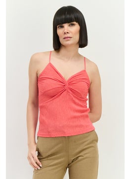 MANGO Women V-Neck Sleeveless Textured Top, Pink  - Image 1