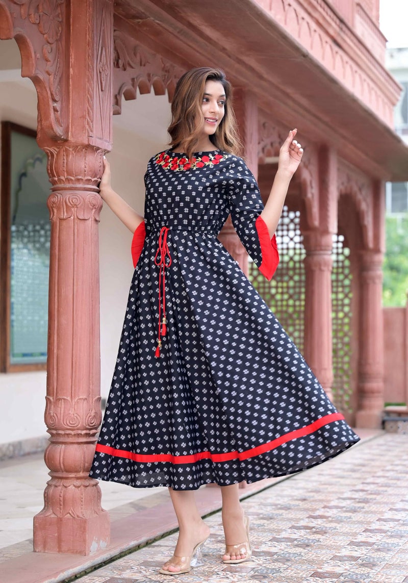 Yash Gallery Women's Cambric Cotton Embroidered Flared Regular Fit Kurta For Women (1198Ykblack_Black_X-Large) - Image 2
