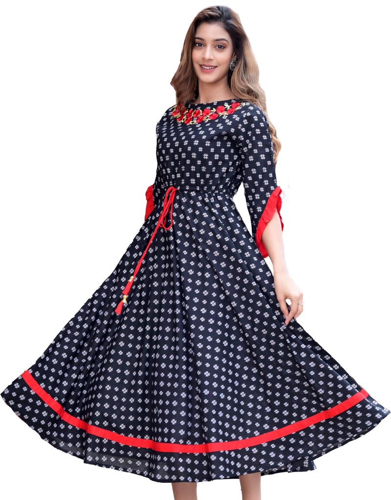 Yash Gallery Women's Cambric Cotton Embroidered Flared Regular Fit Kurta For Women (1198Ykblack_Black_X-Large) - Image 1