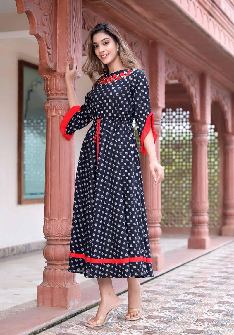Yash Gallery Women's Cambric Cotton Embroidered Flared Regular Fit Kurta For Women (1198Ykblack_Black_X-Large) - Image 3