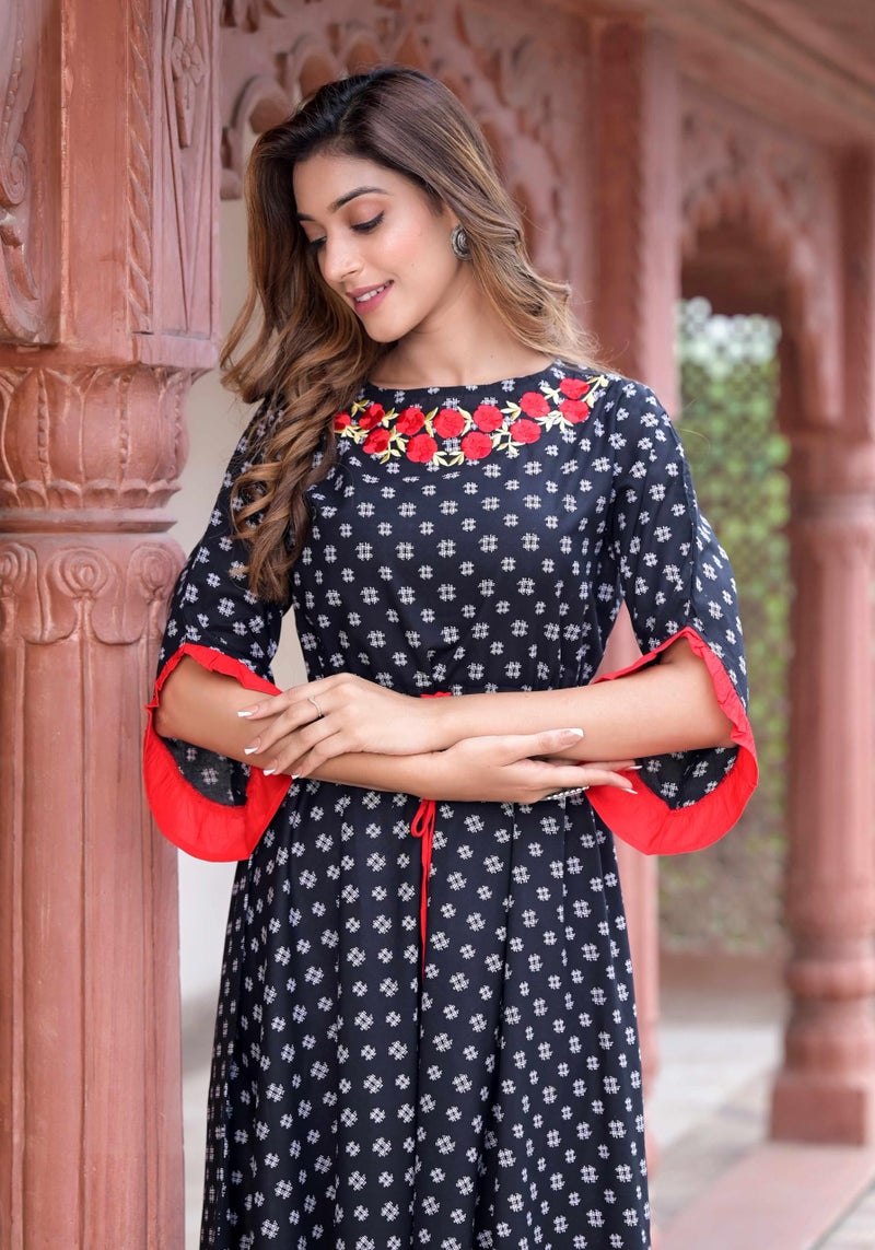 Yash Gallery Women's Cambric Cotton Embroidered Flared Regular Fit Kurta For Women (1198Ykblack_Black_X-Large) - Image 5