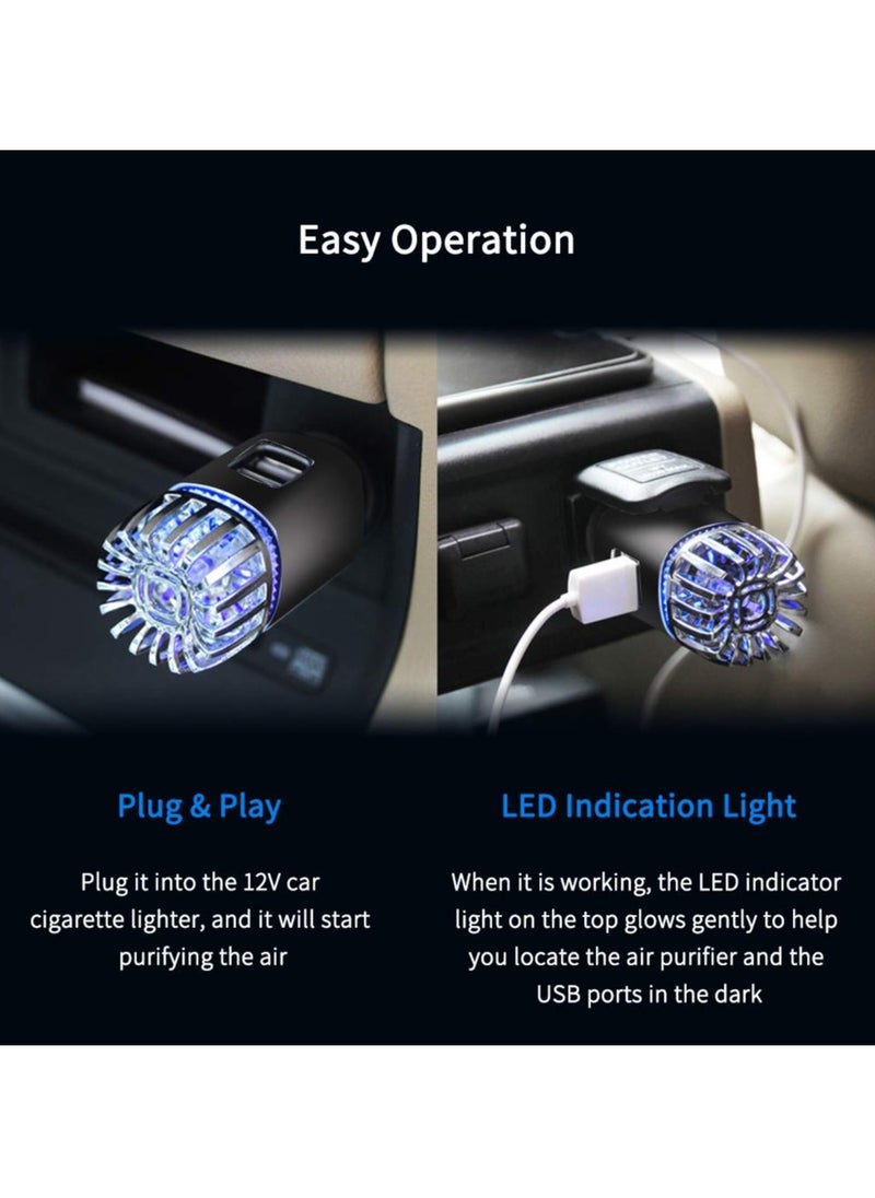 SYOSI - Car Air Purifier Ionizer, 12V Plug in Ionic Anti Microbial Deodorizer with Dual USB Charger, Pet and Food Odors, Allergens, Viruses, Black - Image 1