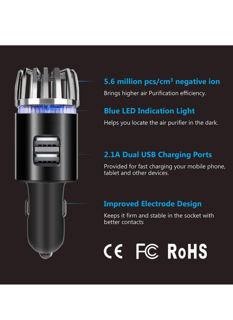 SYOSI - Car Air Purifier Ionizer, 12V Plug in Ionic Anti Microbial Deodorizer with Dual USB Charger, Pet and Food Odors, Allergens, Viruses, Black - Image 1