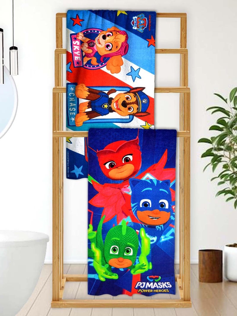 Athom Living Paw Patrol with PJ Masks Mixed Themed Kids Bath Towel 60x120cm, 350 GSM, Soft & Absorbent, Multicolor, Perfect for Boys and Girls, Fun & Vibrant Design, Pack of 2 - Image 1