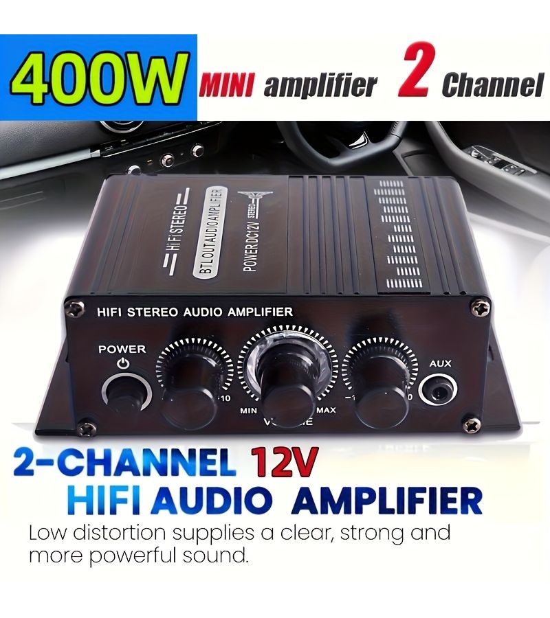 400W Mini 2 Channel Car Audio Amplifier with Bass Boost Treble Control RCA AUX - Image 1